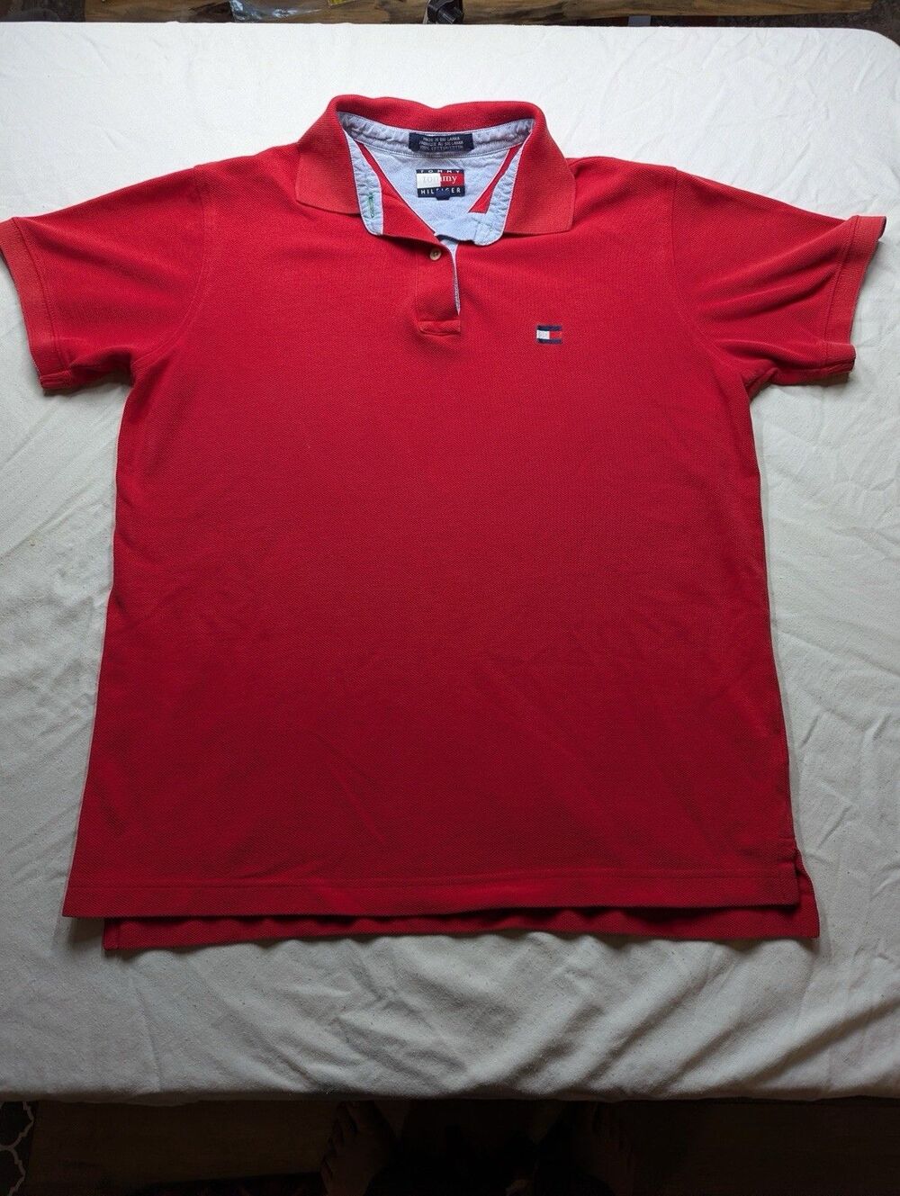 Vintage Tommy Hilfiger Polo Shirt Mens M Red 100% Cotton Flag Logo 90s - Picture 1 of 7
